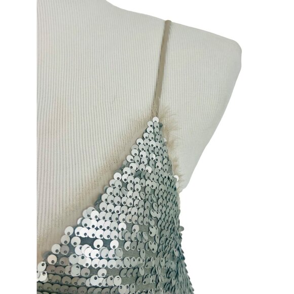 Mango Silver Sequin & Mesh Trim V-Neck Spaghetti Strap Mini Party Cocktail Dress - Picture 3 of 16